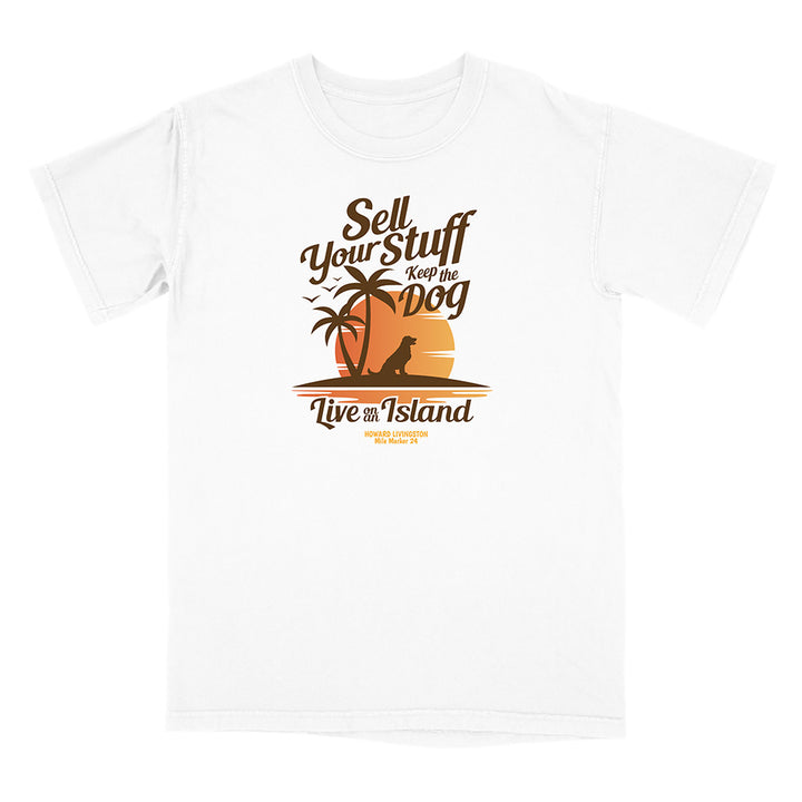 White t-shirt with a tropical graphic and text on a white background