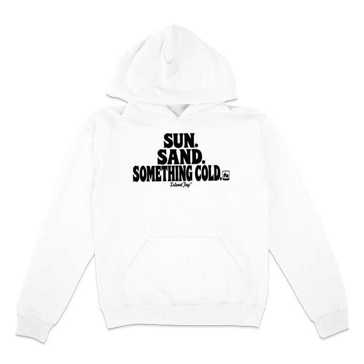A white pullover hoodie with a black graphic text print reading 'SUN. SAND. Something cold