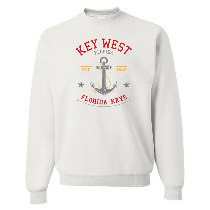 White sweatshirt with 'Key West, Florida' and anchor design on a white background