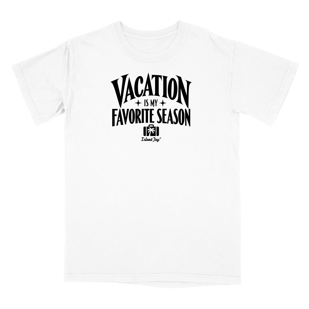 A white short-sleeve crewneck t-shirt with a black graphic print on the chest that reads 'VACATION IS MY FAVORITE SEASON' with a small camera logo and 'Kalamaya' underneath, displayed on a clean white background.
