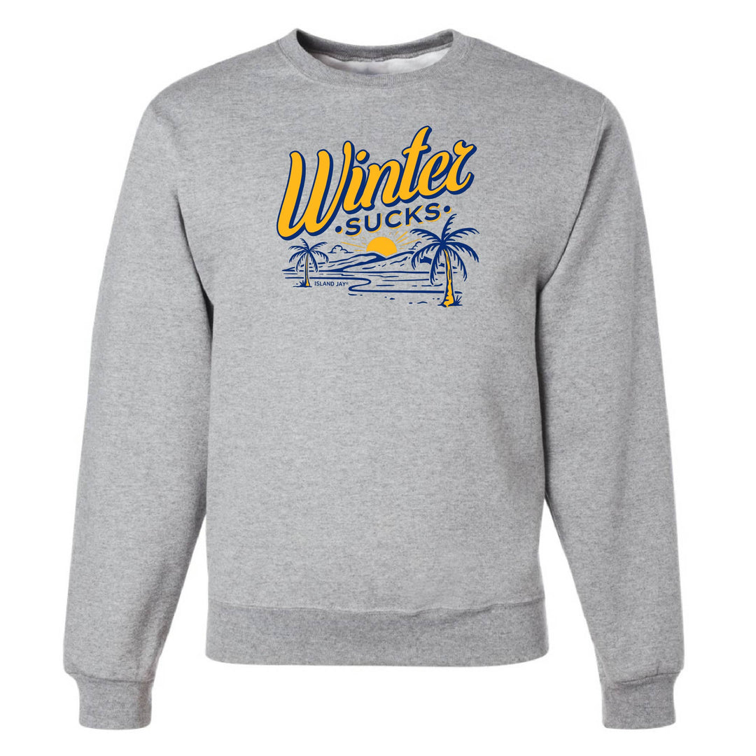 Gray sweatshirt with 'Winter Sucks' graphic design on a white background