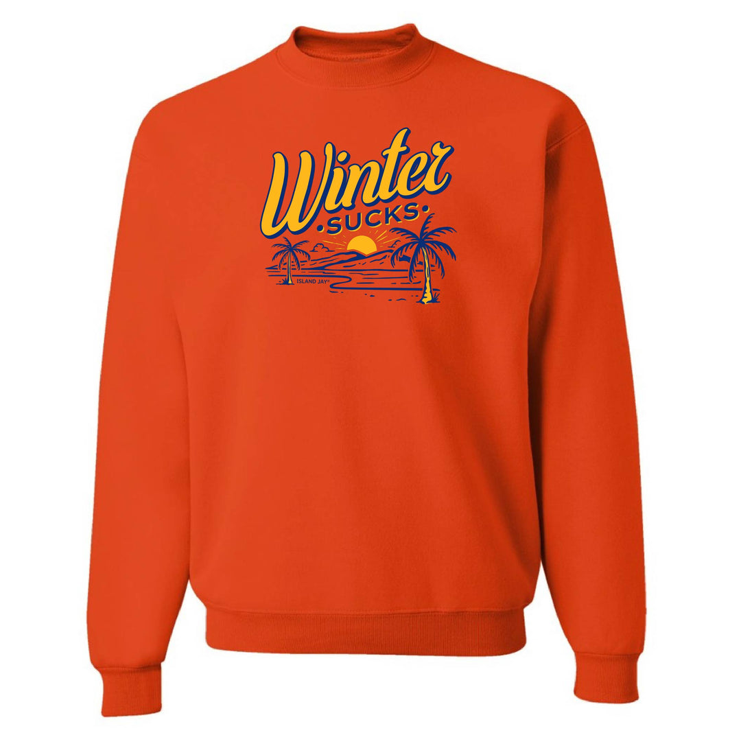 Orange sweatshirt with 'Winter Sucks' graphic design on a white background