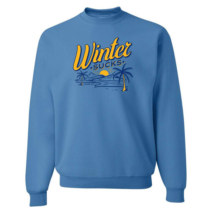 Blue sweatshirt with 'Winter Sucks' text and palm tree design on a white background