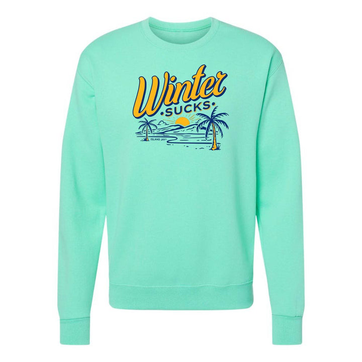 Mint green sweatshirt with 'Winter Sucks' graphic on a white background