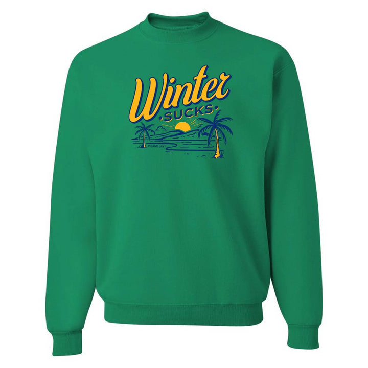 Green sweatshirt with 'Winter Sucks' text and palm tree design on a white background