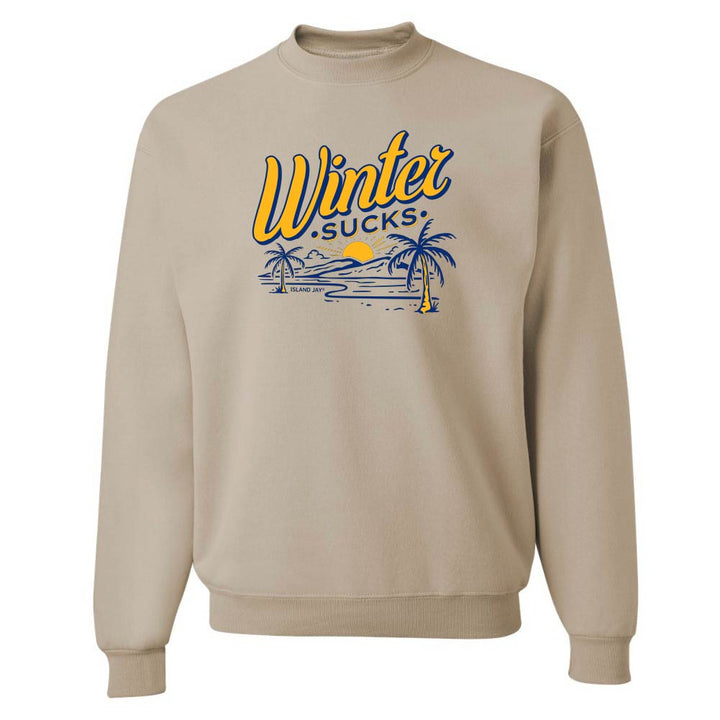 Beige sweatshirt with 'Winter Sucks' graphic design on a white background
