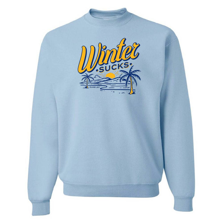 Light blue sweatshirt with 'Winter Sucks' graphic on a white background