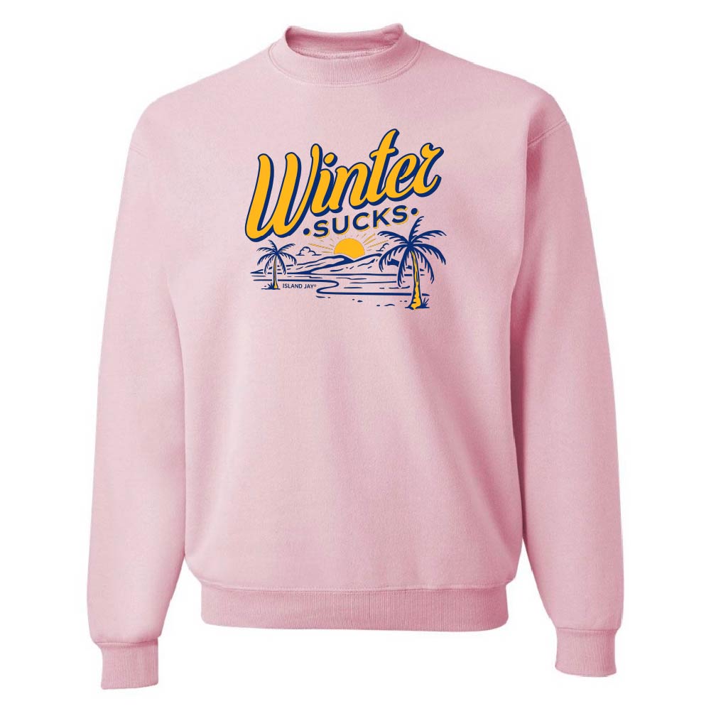 Pink sweatshirt with 'Winter Sucks' graphic design on a white background