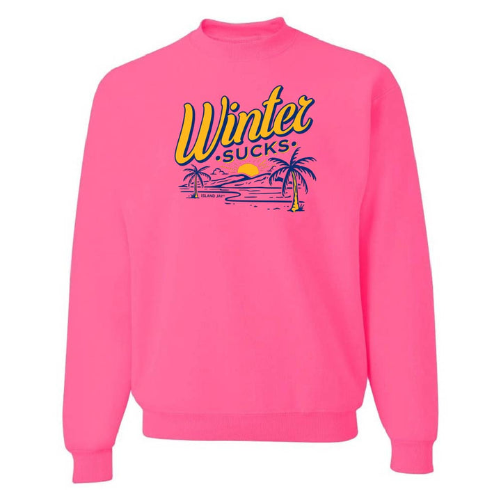 Pink sweatshirt with 'Winter Sucks' text and palm tree design on a white background