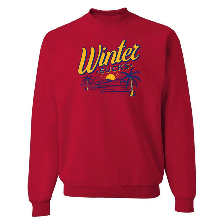 Red sweatshirt with 'Winter Sucks' graphic design on a white background