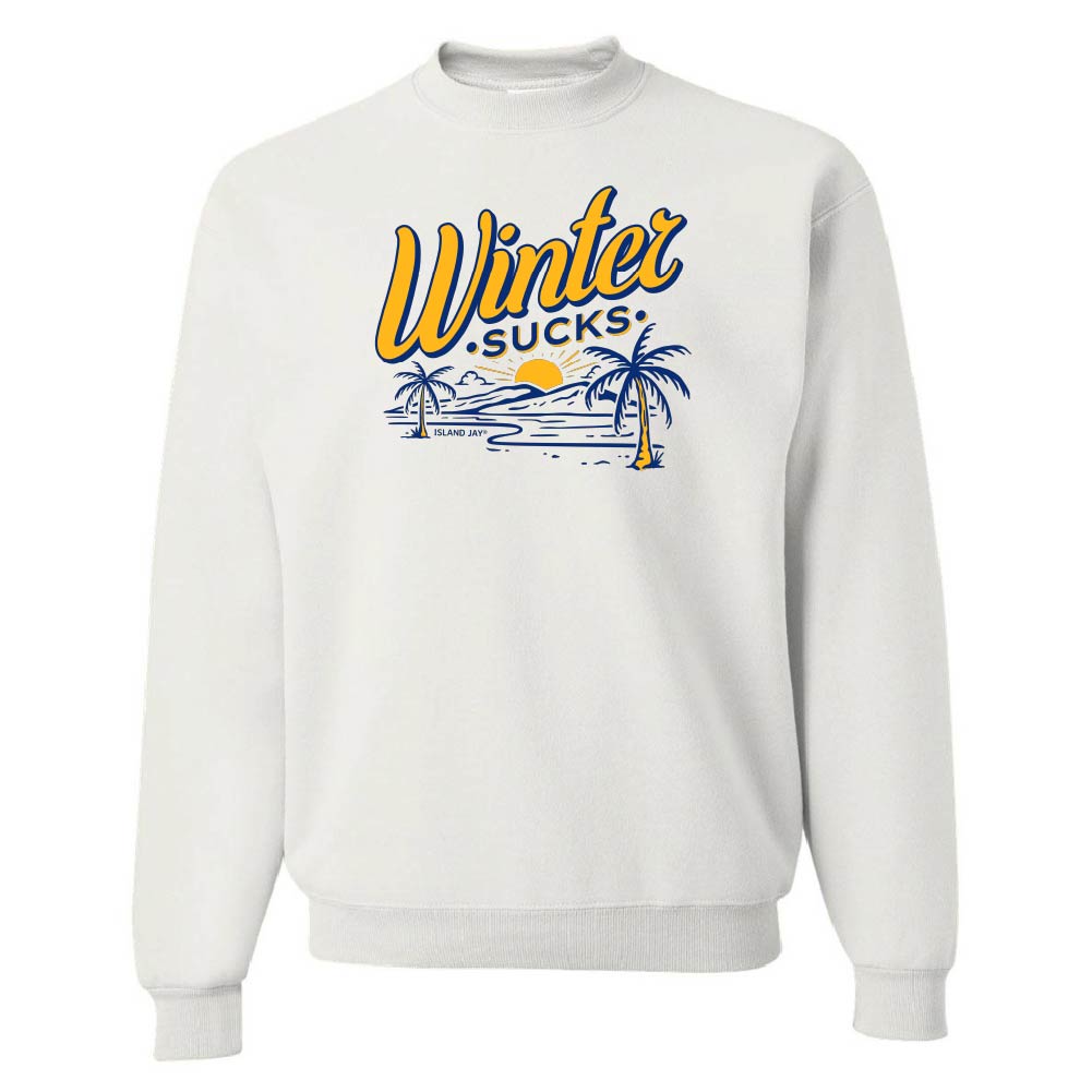White sweatshirt with 'Winter Sucks' graphic design on a white background