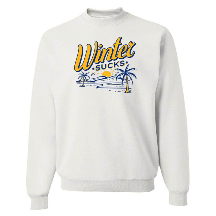 White sweatshirt with 'Winter Sucks' graphic design on a white background