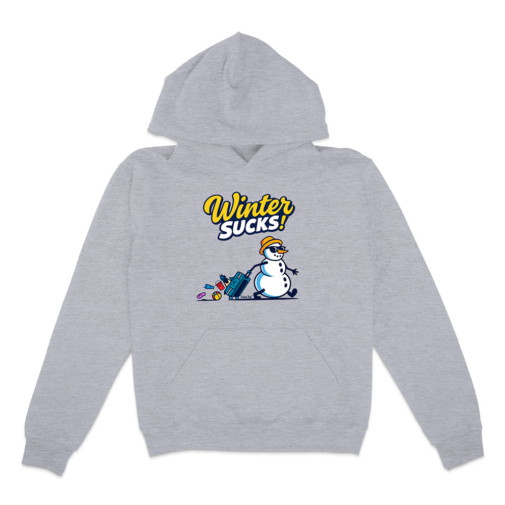 Gray hoodie with a snowman graphic and 'Winter Sucks!' text on a white background