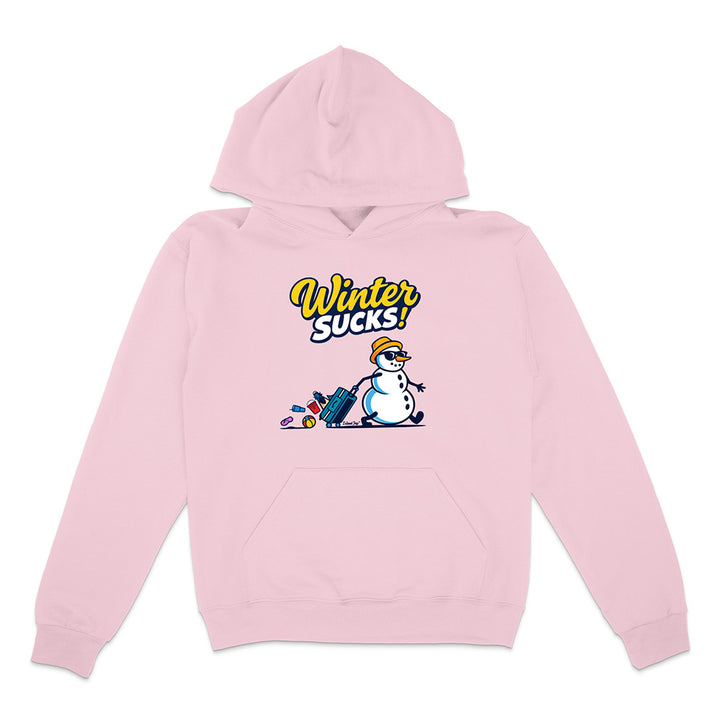 Pink hoodie with a snowman graphic and 'Winter Sucks!' text on a white background