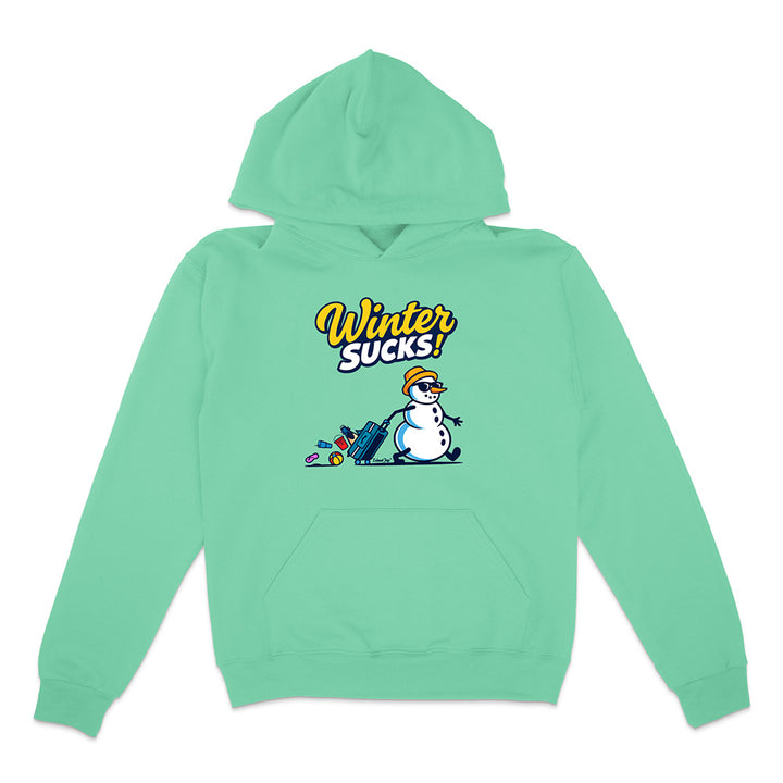 Mint green hoodie with a snowman graphic and 'Winter Sucks!' text on a white background