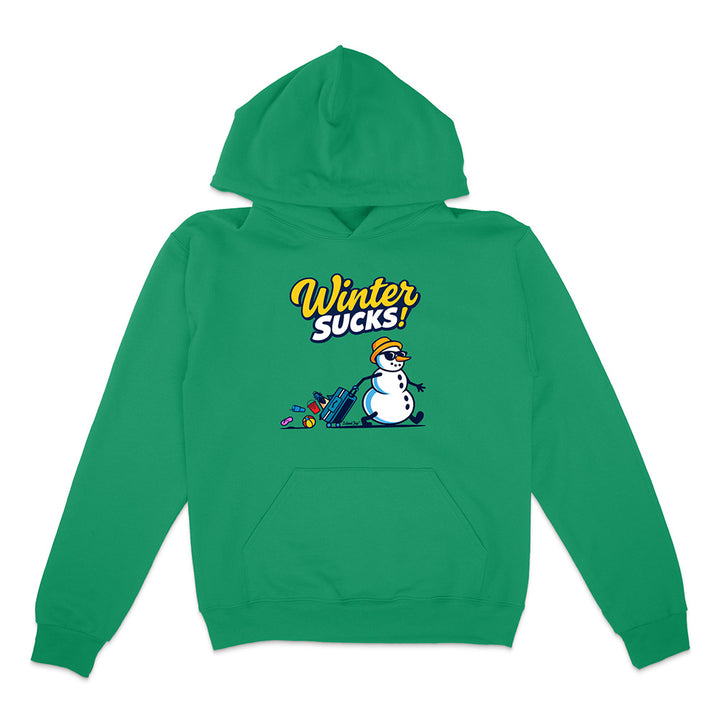 Green hoodie with a snowman graphic and 'Winter Sucks!' text on a white background