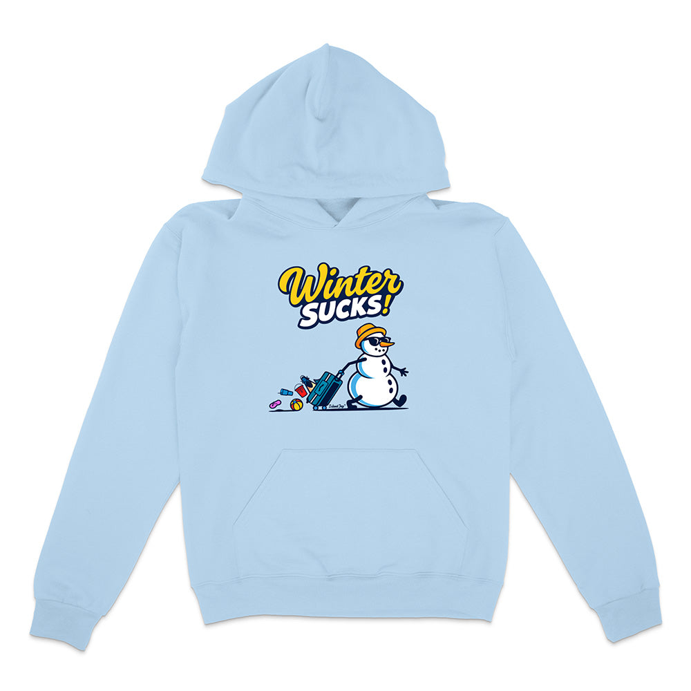 Light blue hoodie with a snowman graphic and 'Winter Sucks!' text on a white background