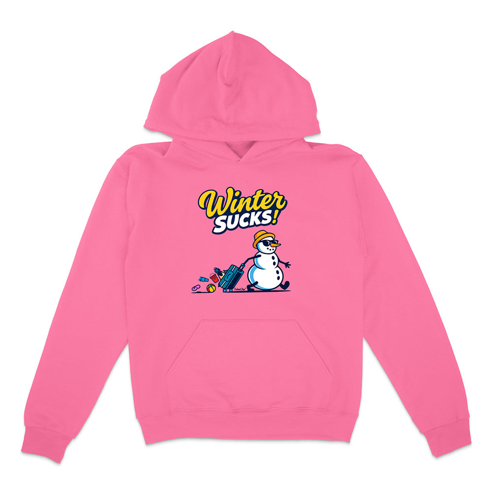 Pink hoodie with a snowman graphic and 'Winter Sucks!' text on a white background