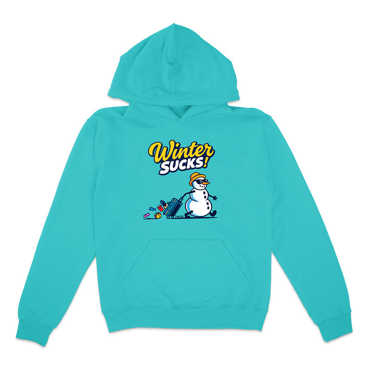 Turquoise hoodie with a snowman graphic and 'Winter Sucks!' text on a white background