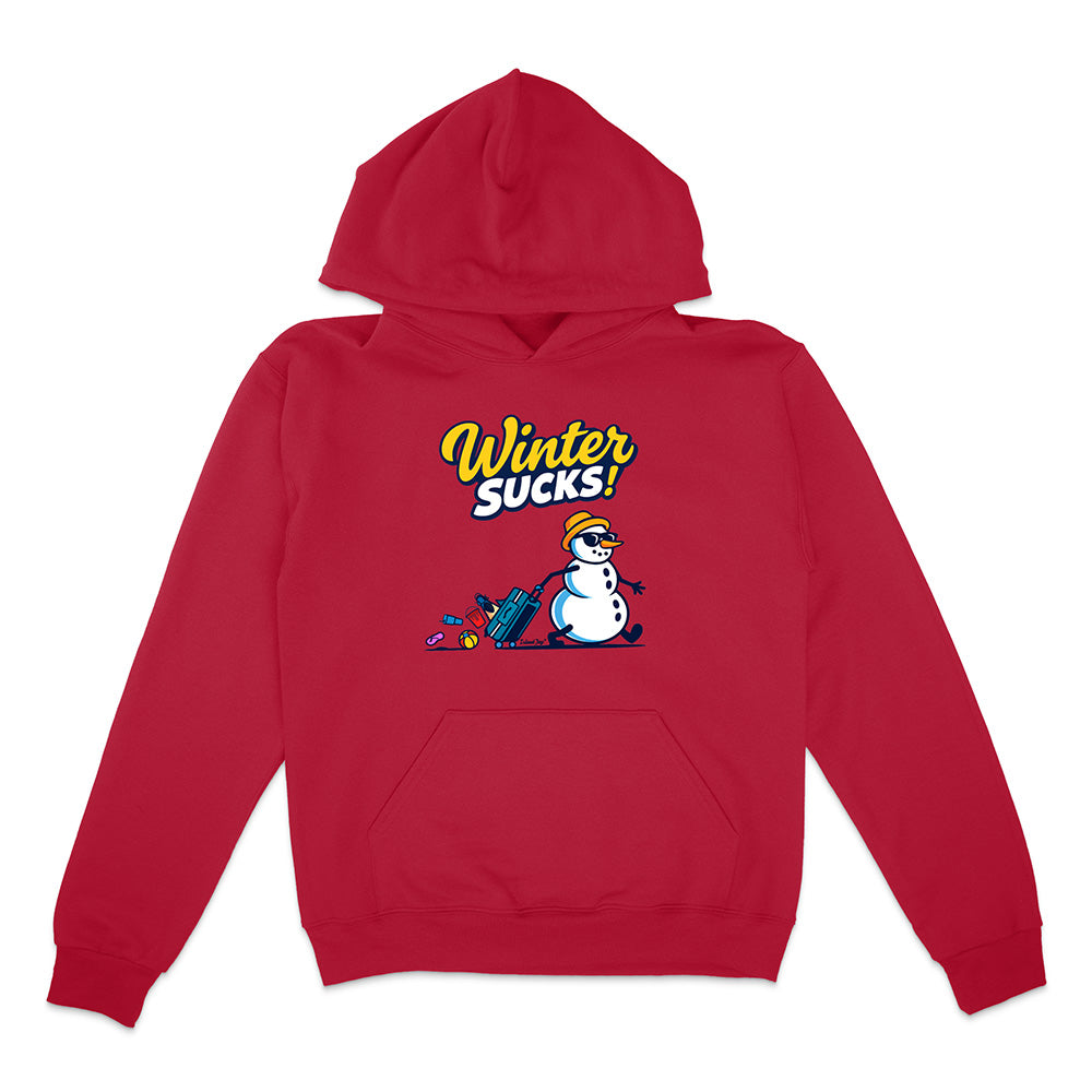 Red hoodie with a snowman graphic and 'Winter Sucks!' text on a white background