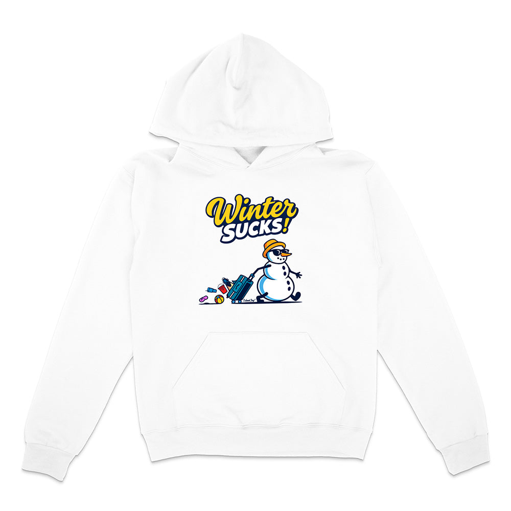 White hoodie with a snowman graphic and 'Winter Sucks!' text on a white background