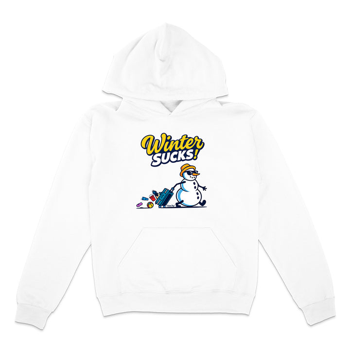 White hoodie with a snowman graphic and 'Winter Sucks!' text on a white background