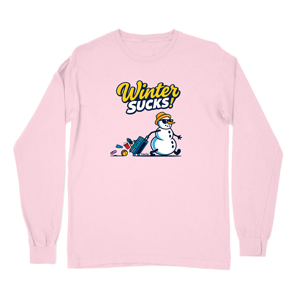 Pink long-sleeve shirt with a snowman graphic and 'Winter Sucks!' text on a white background