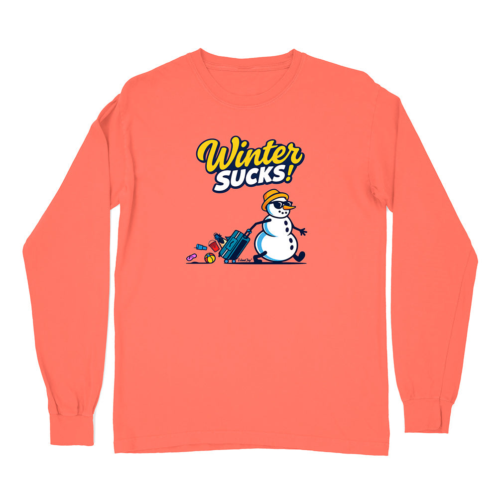 Coral long-sleeve shirt with a snowman graphic and 'Winter Sucks!' text on a white background