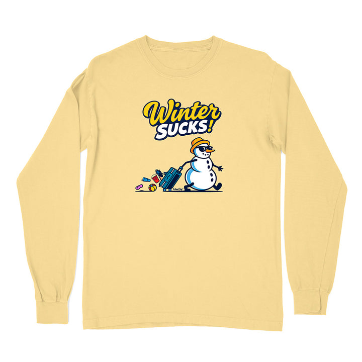 Yellow long-sleeve shirt with a snowman graphic and 'Winter Sucks!' text on a white background