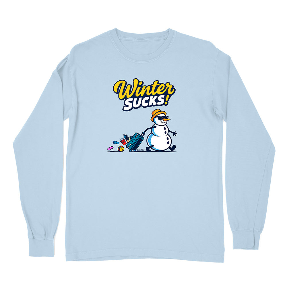 Light blue long-sleeve shirt with a snowman graphic and 'Winter Sucks!' text on a white background