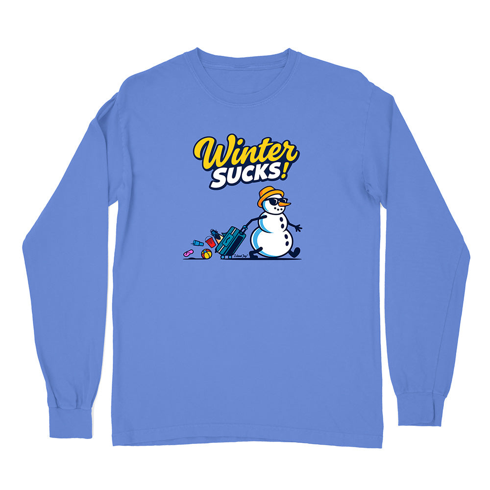 Blue long-sleeve shirt with a snowman graphic and 'Winter Sucks!' text on a white background