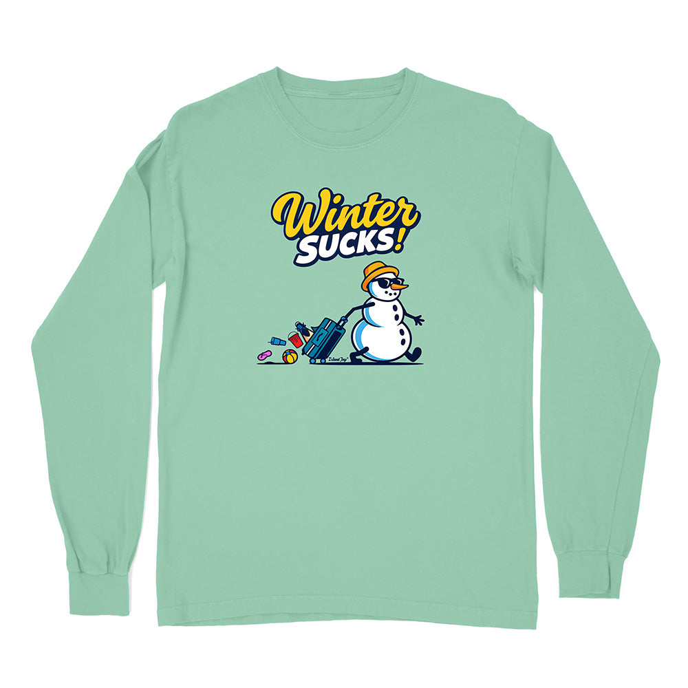 Mint green long-sleeve shirt with a snowman graphic and 'Winter Sucks!' text on a white background