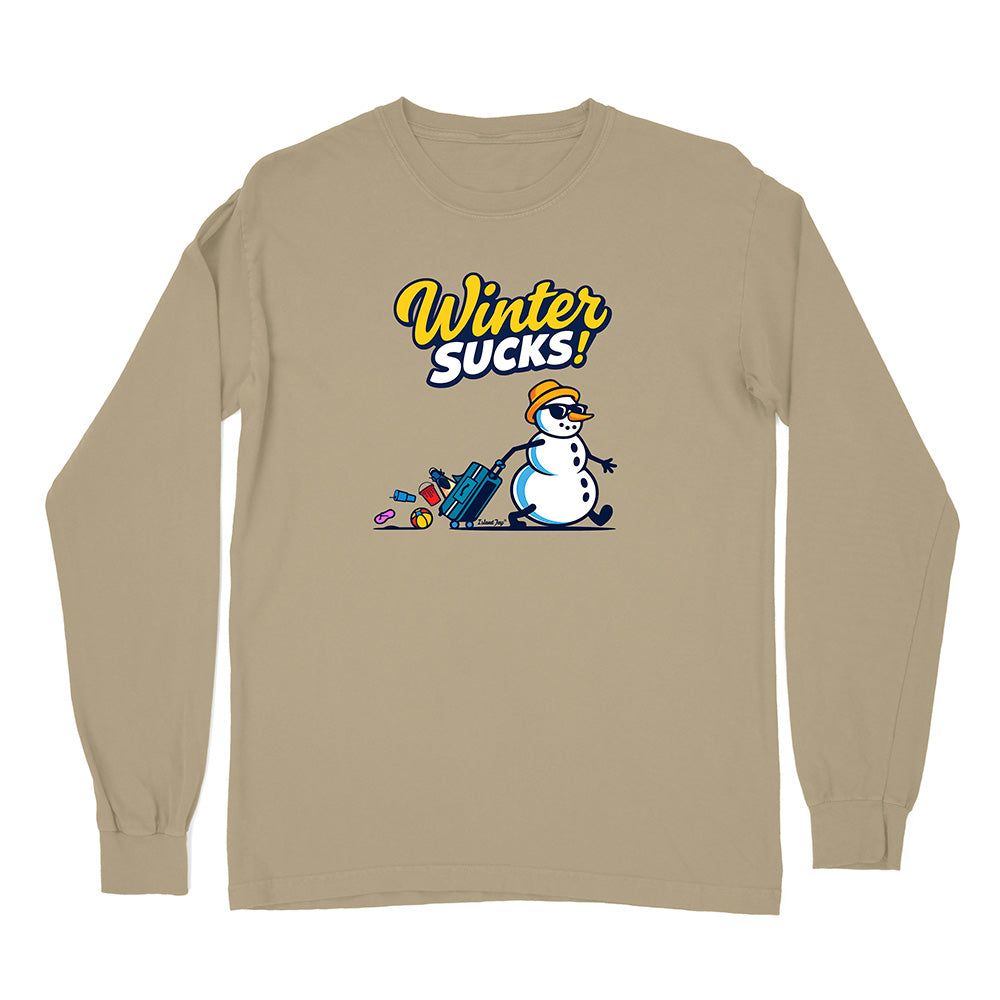 Beige long-sleeve shirt with a snowman graphic and 'Winter Sucks!' text on a white background