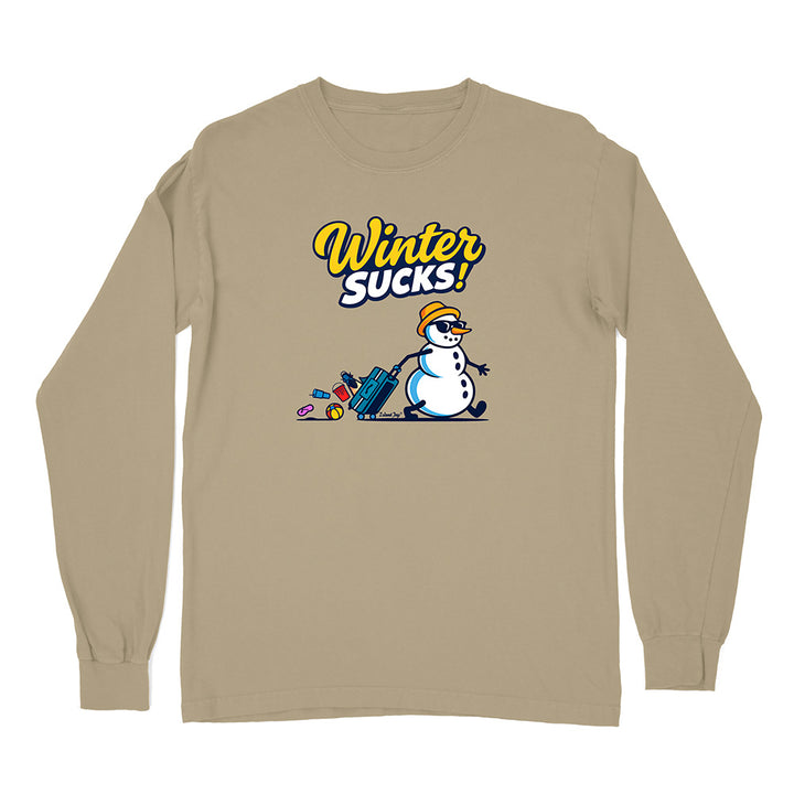 Beige long-sleeve shirt with a snowman graphic and 'Winter Sucks!' text on a white background