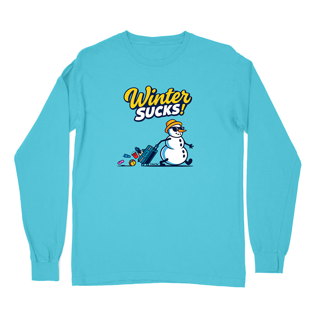 Blue long-sleeve shirt with a snowman graphic and 'Winter Sucks!' text on a white background