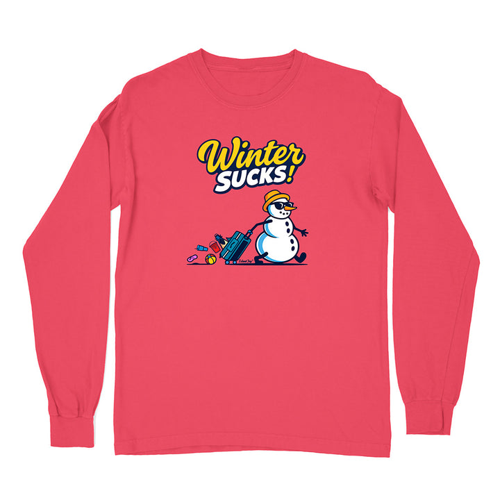 Red long-sleeve shirt with a snowman graphic and 'Winter Sucks!' text on a white background