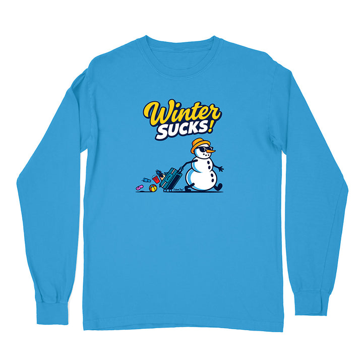 Blue long-sleeve shirt with a snowman graphic and 'Winter Sucks!' text on a white background