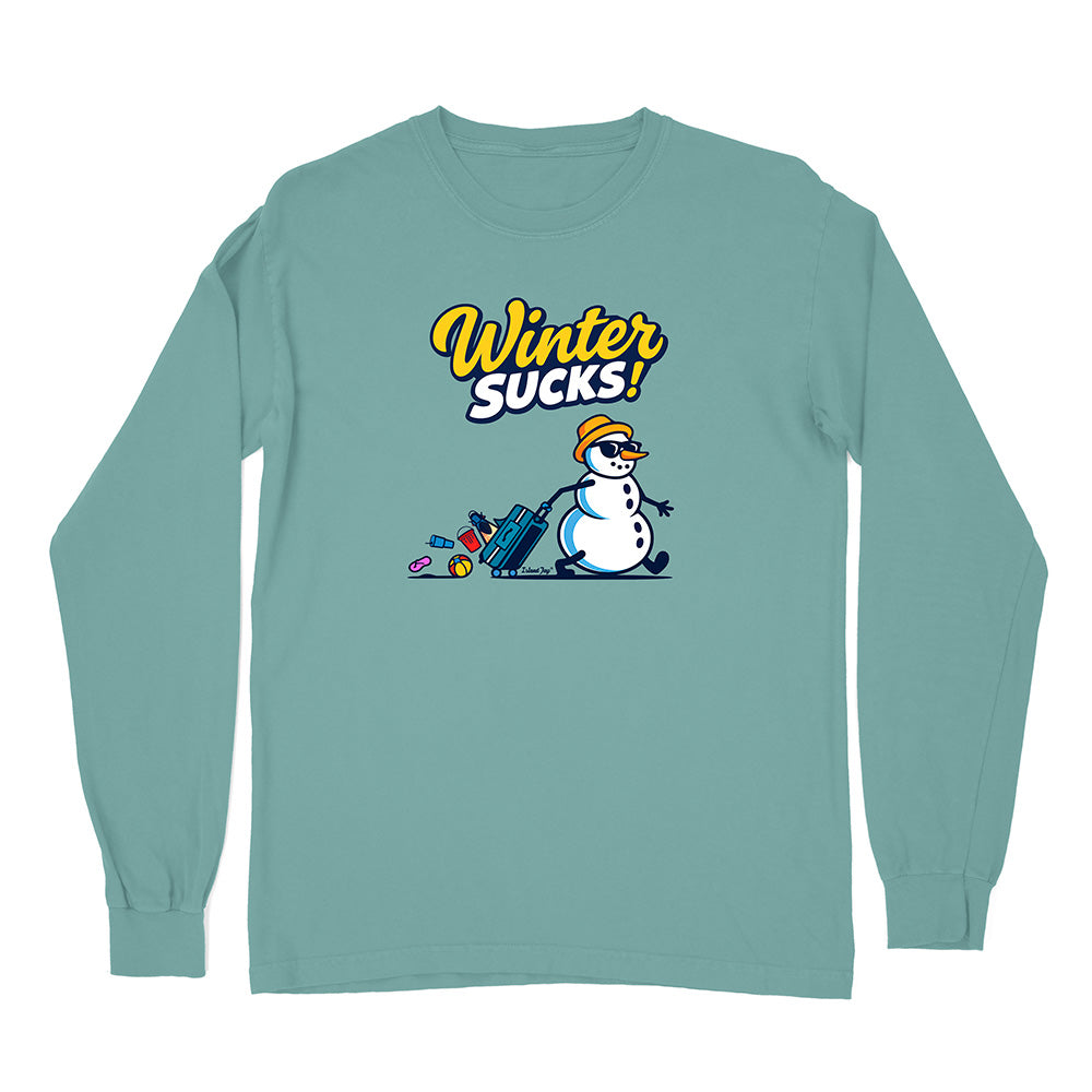 Teal long-sleeve shirt with a snowman graphic and 'Winter Sucks!' text on a white background