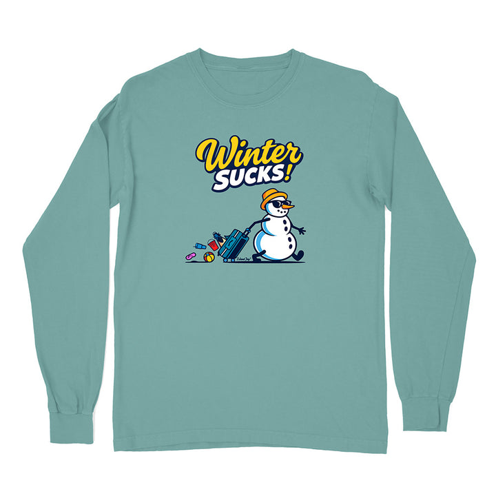 Teal long-sleeve shirt with a snowman graphic and 'Winter Sucks!' text on a white background