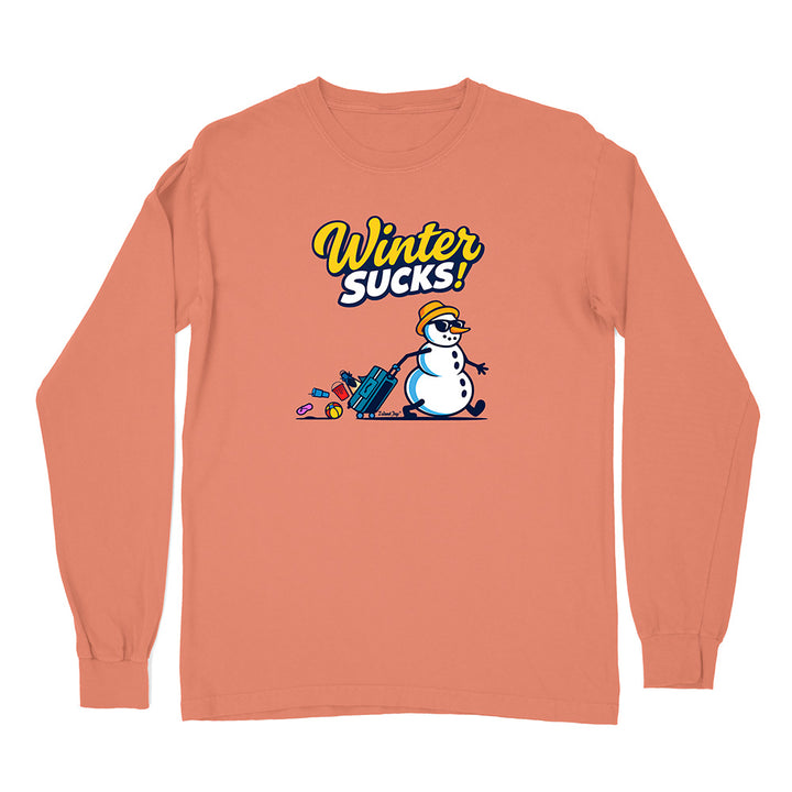 Peach long-sleeve shirt with a snowman graphic and 'Winter Sucks!' text on a white background