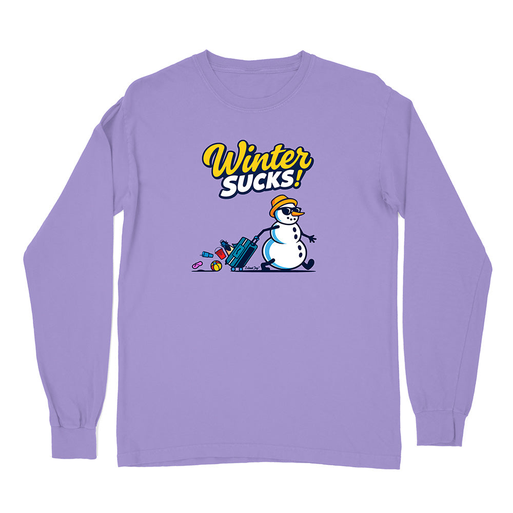 Purple long-sleeve shirt with a snowman graphic and 'Winter Sucks!' text on a white background