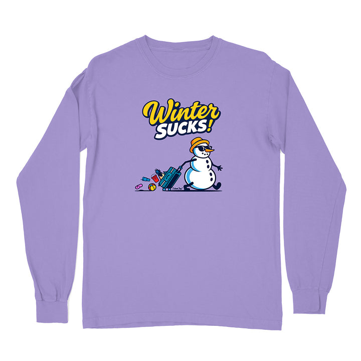 Purple long-sleeve shirt with a snowman graphic and 'Winter Sucks!' text on a white background
