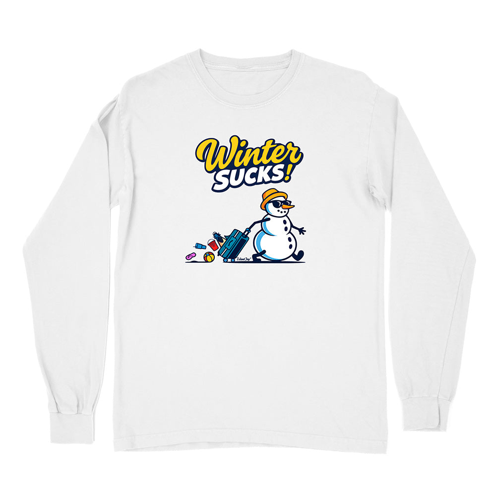 White long-sleeve shirt with a snowman graphic and 'Winter Sucks!' text on a white background