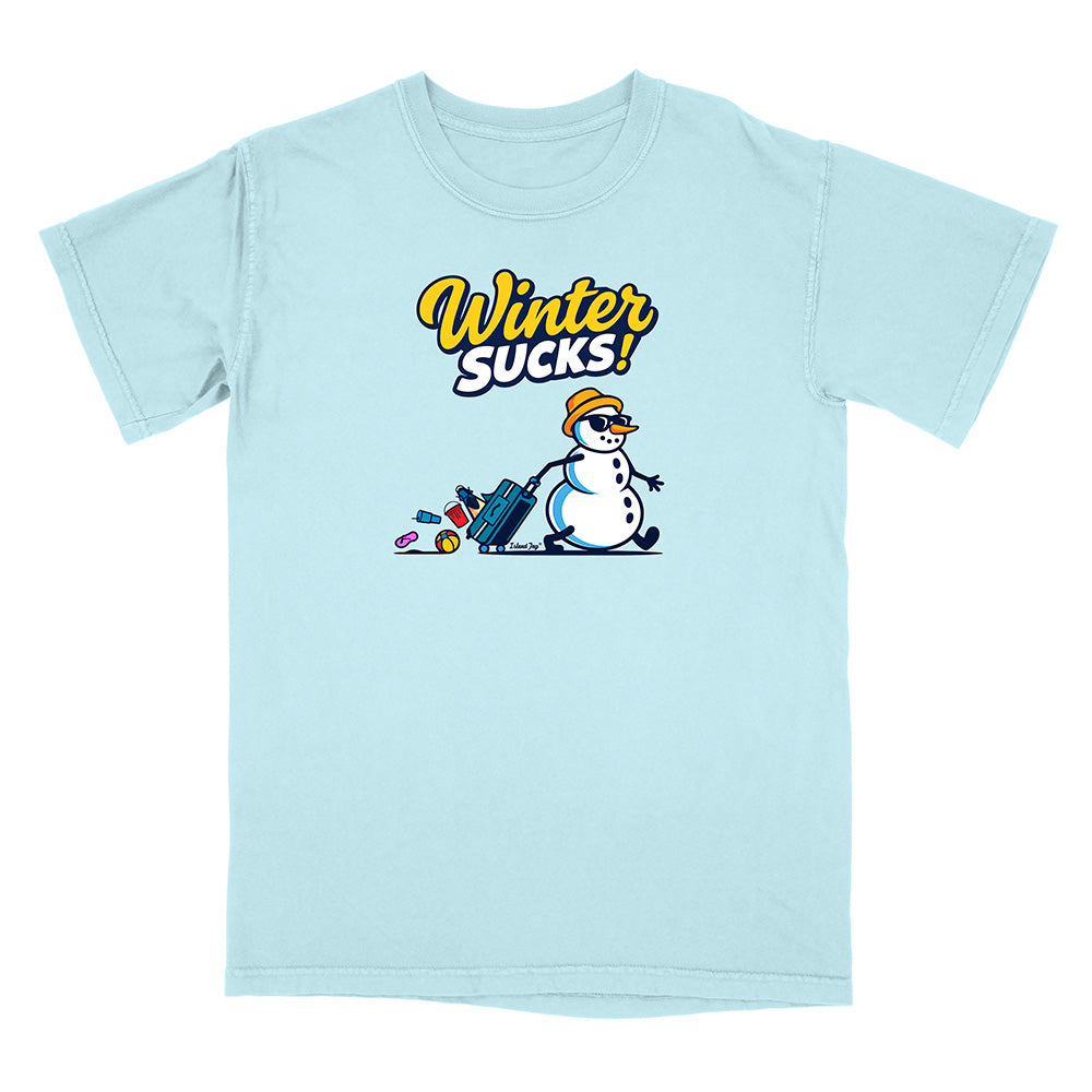 Light blue t-shirt with a snowman graphic and 'Winter Sucks!' text on a white background