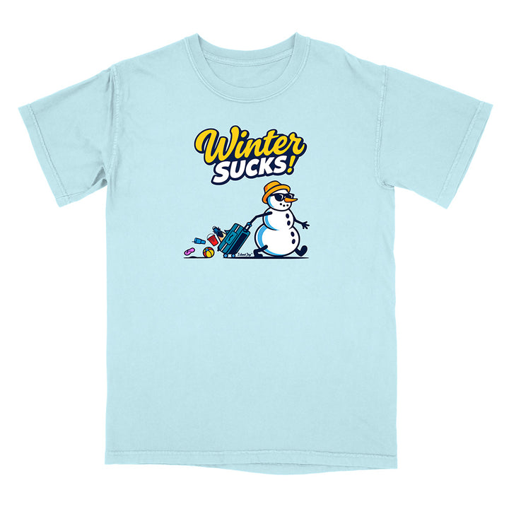 Light blue t-shirt with a snowman graphic and 'Winter Sucks!' text on a white background