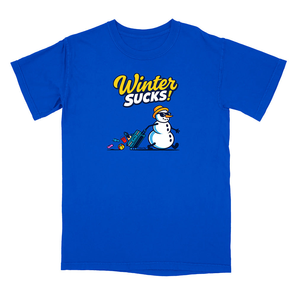 Blue t-shirt with a snowman graphic and 'Winter Sucks!' text on a white background