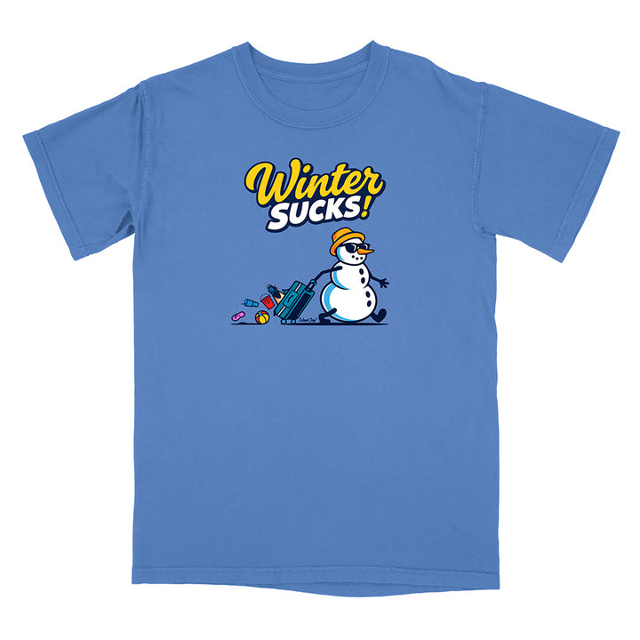 Blue t-shirt with a snowman graphic and 'Winter Sucks!' text on a white background