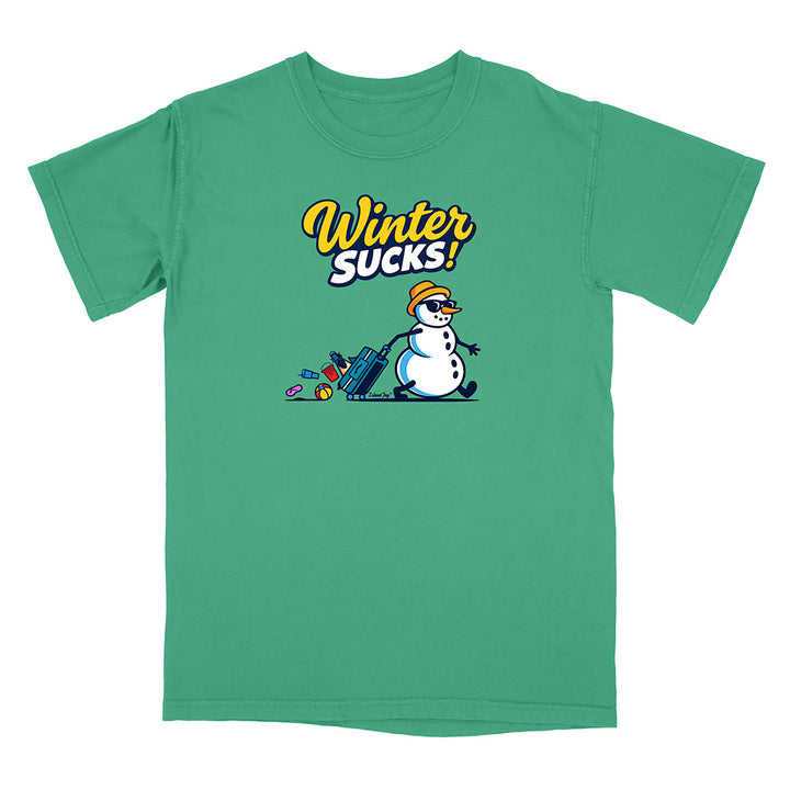 Green t-shirt with a snowman graphic and 'Winter Sucks!' text on a white background