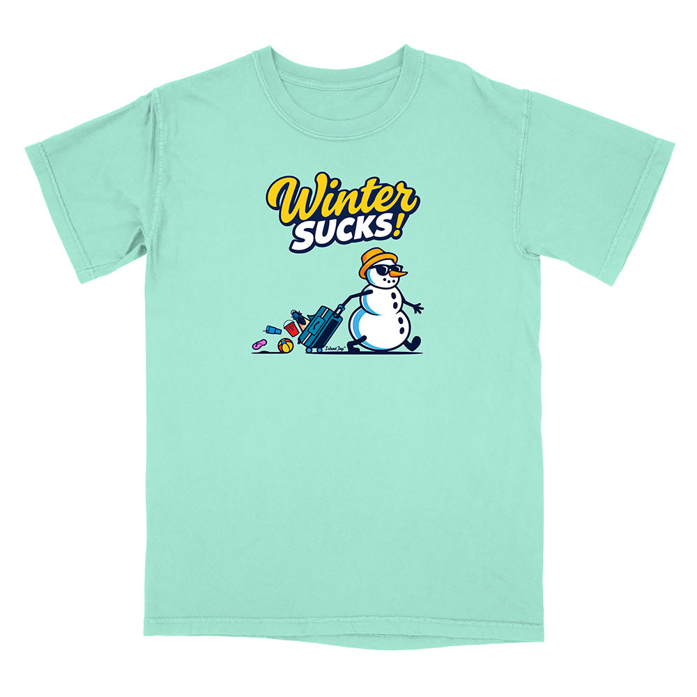 Mint green t-shirt with a snowman graphic and 'Winter Sucks!' text on a white background