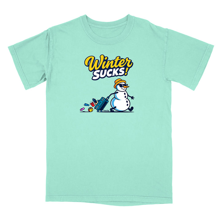 Mint green t-shirt with a snowman graphic and 'Winter Sucks!' text on a white background
